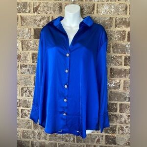NWT Why Dress Blue Satiny Button down  Blouse, Size Medium
